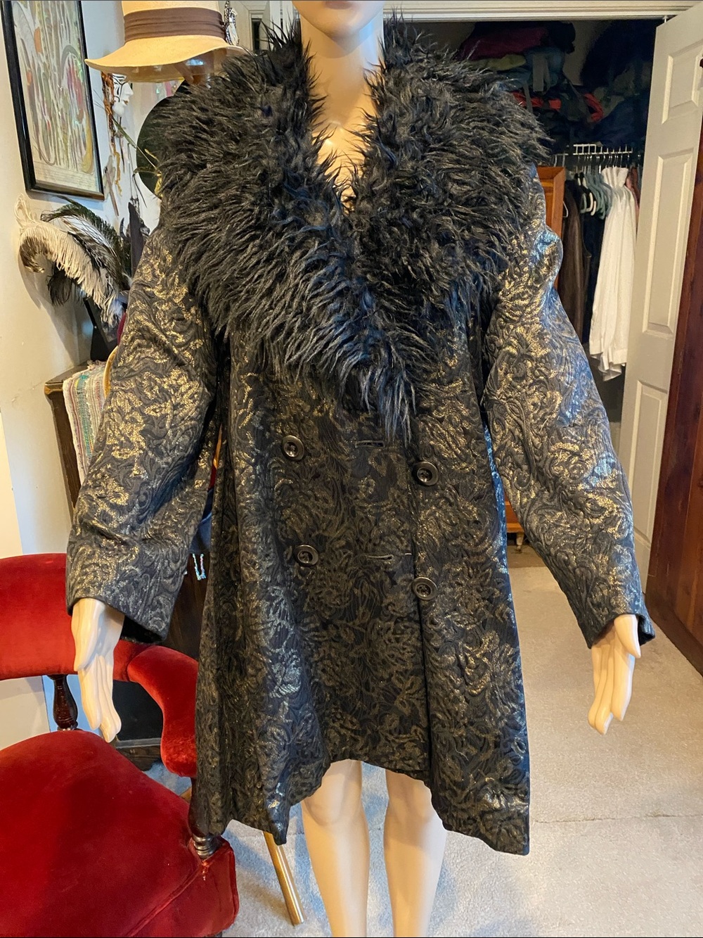 Free People Black Brocade Pea Coat with Faux Fur Collar and Metallic Shimmer